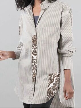 Alembika Arabesque Pinstripe Tunic Shirt Brown/Cream Oversized Size M